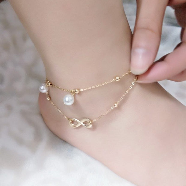 Double Layer Pearl Anklet Women Handmade Beaded Double Chain Anklet