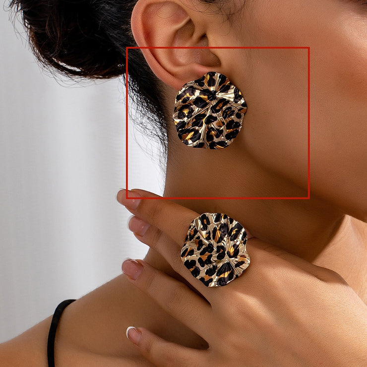 Vintage Geometric Leopard Print Circle Disc Fashion Design Ear Studs Ring Suit