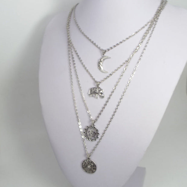 Multilayer Necklace Elephant Moon Feather Fishtail Necklace