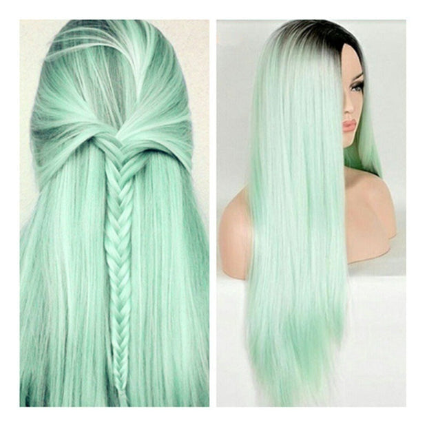 Mint Green Wig, Long Straight Hair, Black And Green Dyed Gradient Headgear